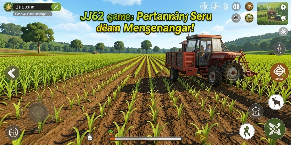 Tangkapan layar gameplay <strong>JJ62</strong> menunjukkan ladang pertanian yang rimbun dan interaksi dengan karakter.
