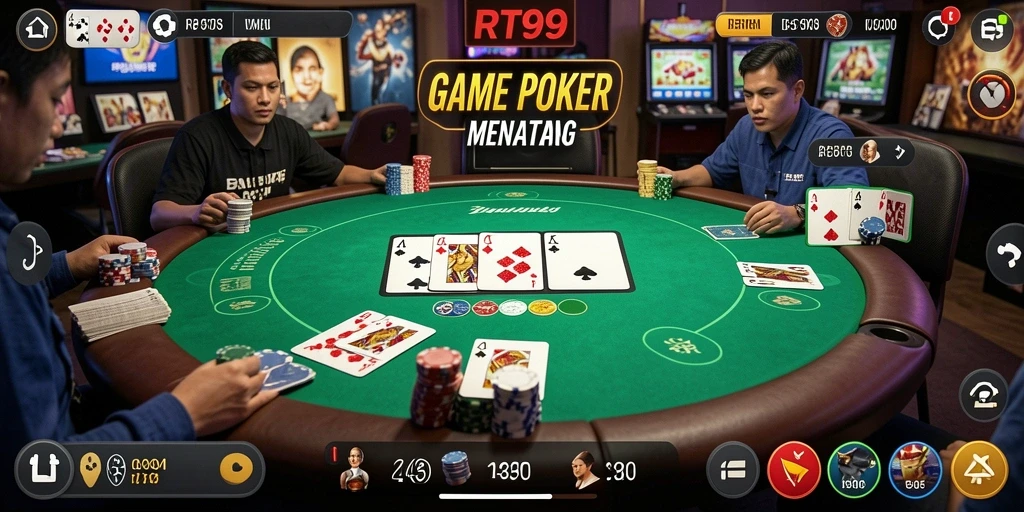 Tampilan gameplay seru dari RT99 yang menunjukkan aksi Poker yang mendebarkan.